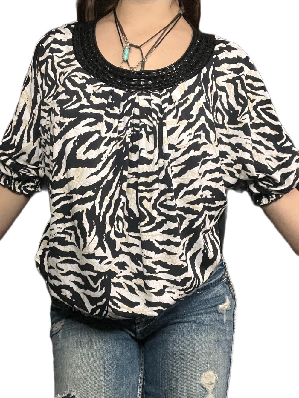 Style & Co Black & White Zebra Beaded Neck Dolman Top – Size L – Like New